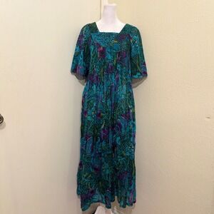 Vintage 90s Blue Purple Batik Ikat Cotton Watercolor Flowy Maxi House Dress